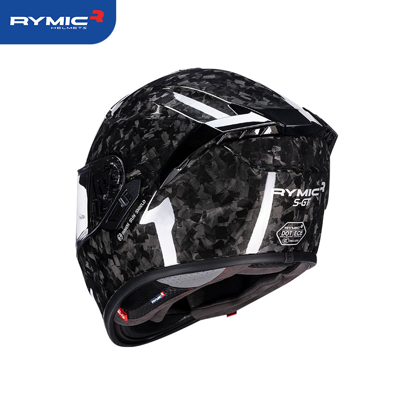 Rear view of the RYMIC S-GT helmet featuring an integrated spoiler and DOT certification.