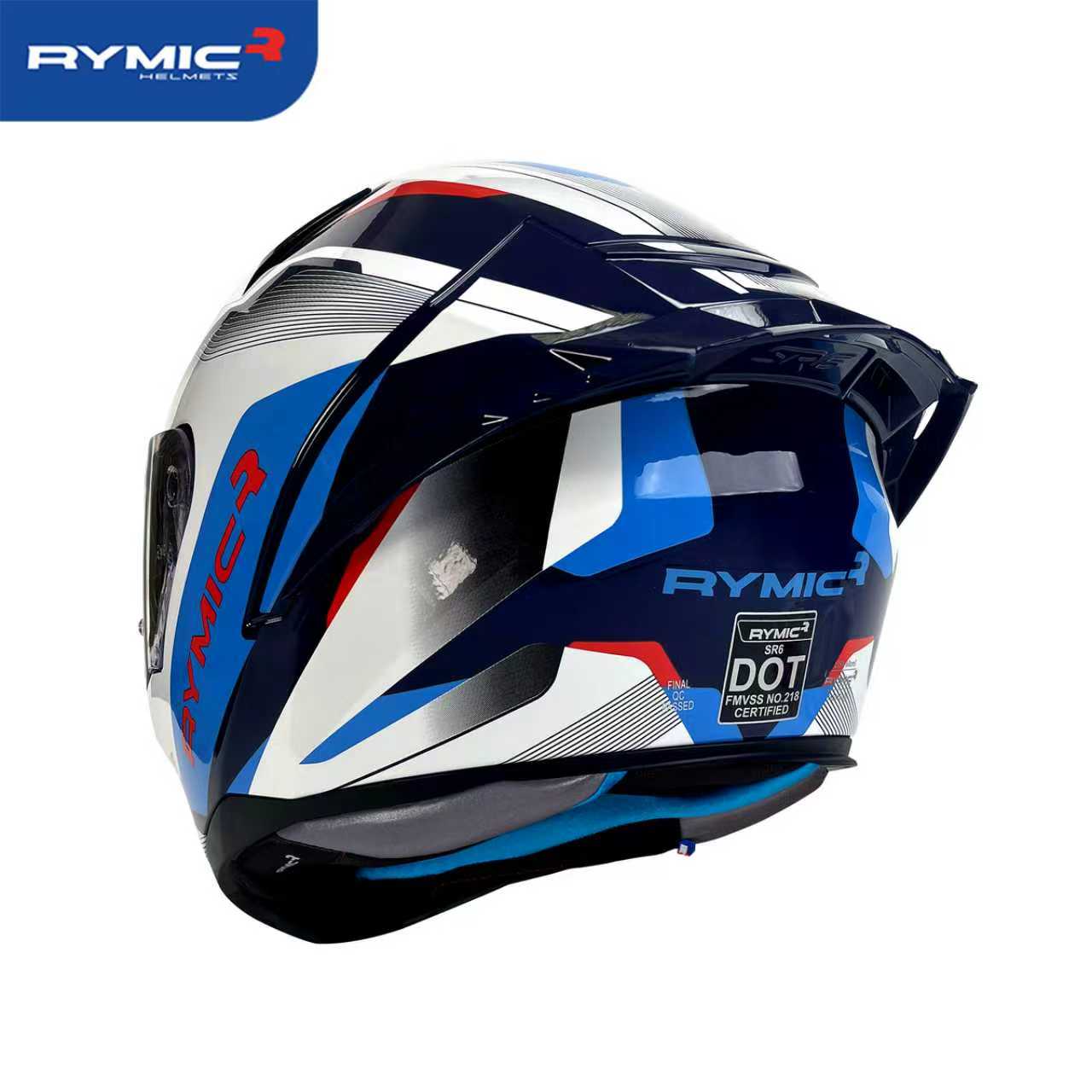 Rear view of the RYMIC sr6 helmet featuring an integrated spoiler and DOT certification.