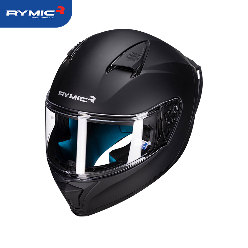 Three-quarter view of the SR6 matte black motorcycle helmet, highlighting its sporty graphics.