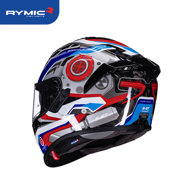 Rear view of the RYMIC S-GT helmet featuring an integrated spoiler and DOT certification.