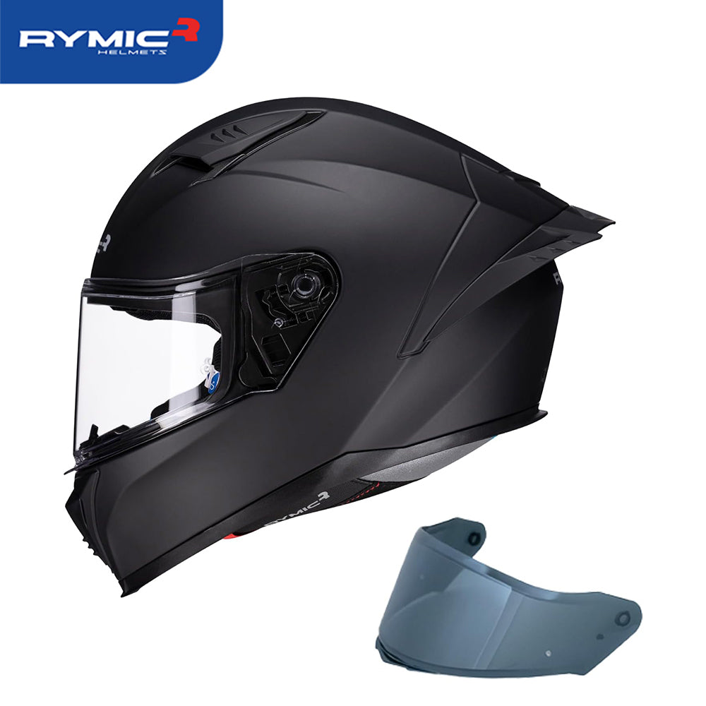 Sleek aerodynamic side profile of the RYMIC sr6 full face motorcycle helmet matte black.