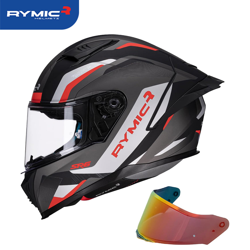 Sleek aerodynamic side profile of the RYMIC sr6 full face motorcycle helmet red & black rush.