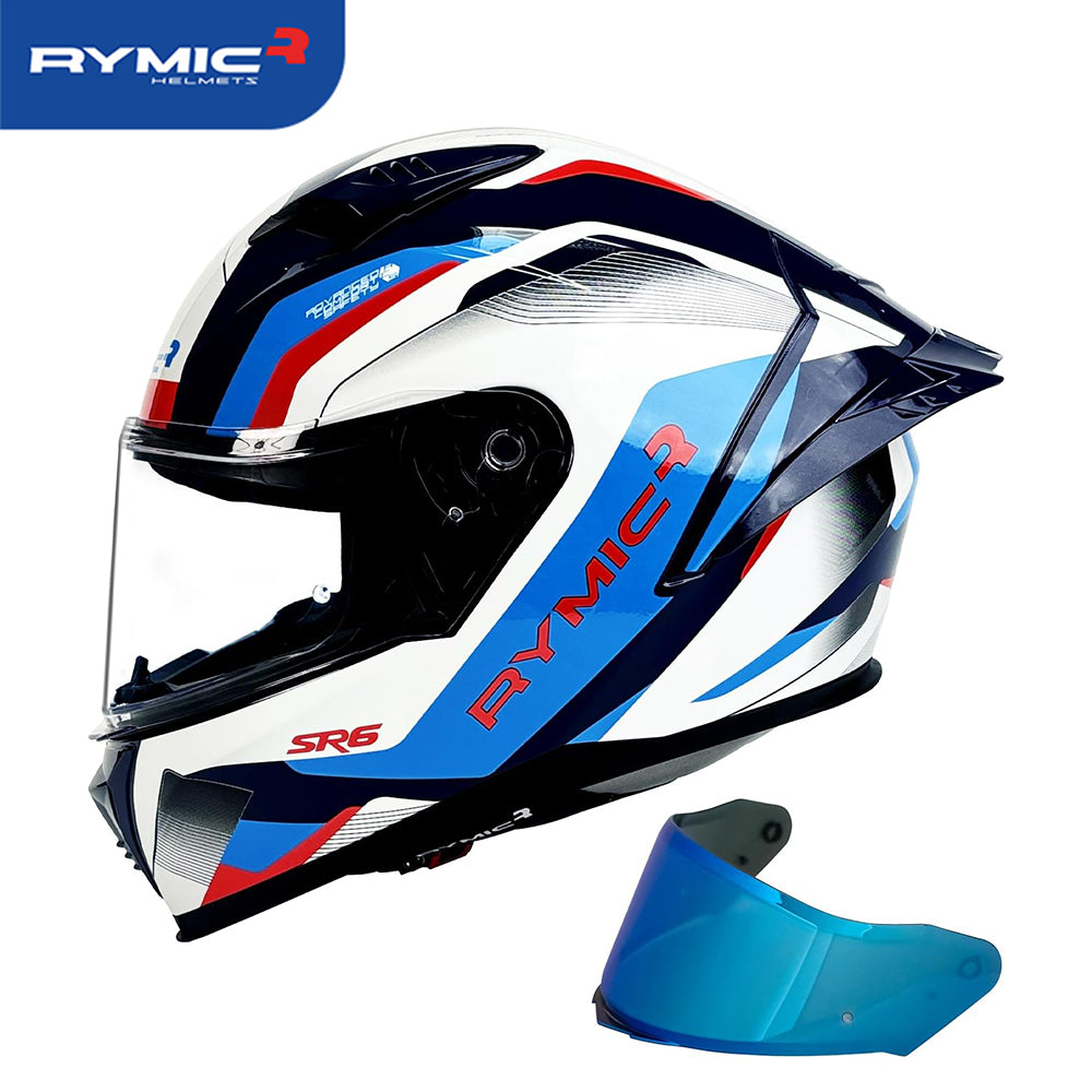 Sleek aerodynamic side profile of the RYMIC sr6 full face motorcycle helmet white & blue rush.