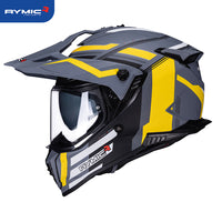 Sleek aerodynamic side profile of the RYMIC x60 dual sport motorcycle helmet onyx & gold.