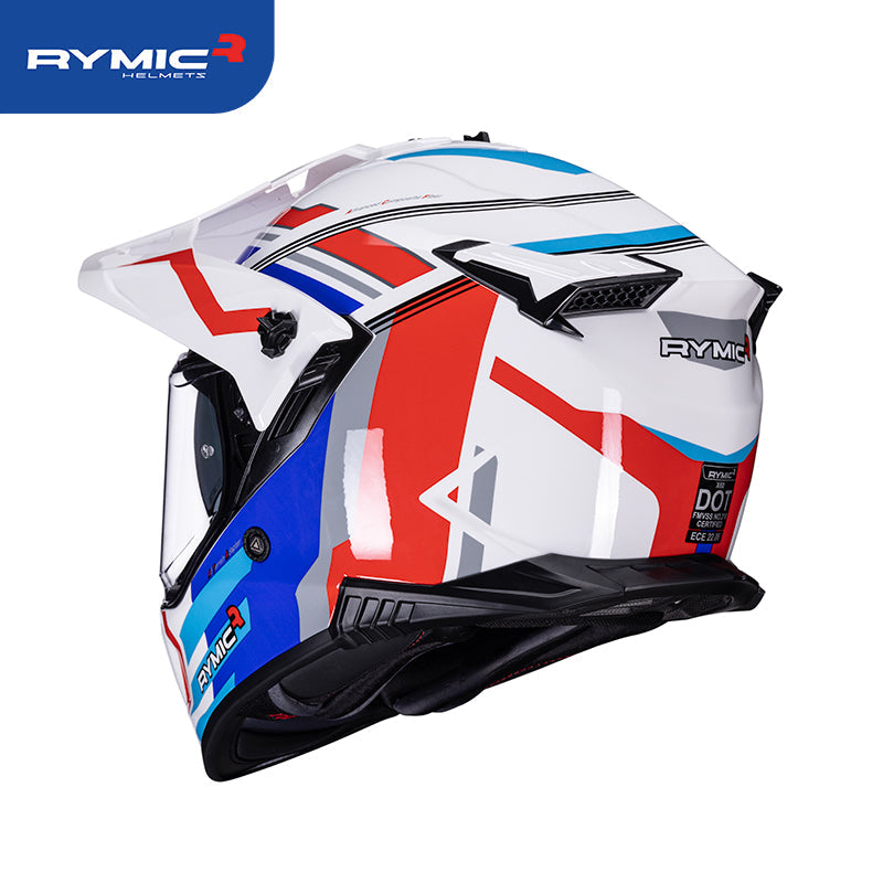 Rear view of the RYMIC x60 dual sport helmet featuring an integrated spoiler and DOT ECE certification.